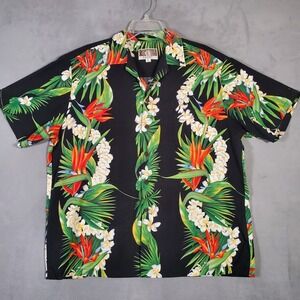 VTG Kalaheo Camp Shirt Mens L Black Orange Tropical Floral Lei Hawaiian USA Made